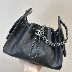 Chanel 25 Mini Handbag Grained Calfskin Silver Tone Metal Black AS5631 Top