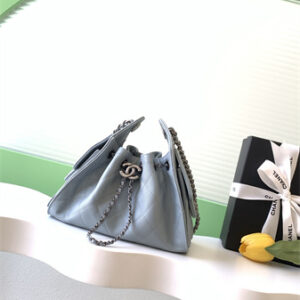 Chanel 25 Mini Handbag Grained Calfskin Silver Tone Metal Dusty Blue AS5631