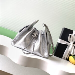 Chanel 25 Mini Handbag Grained Calfskin Silver Tone Metal Silver AS5631