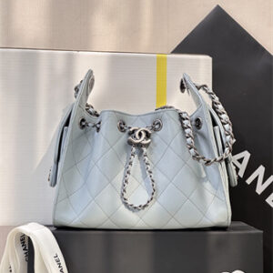 Chanel 25 Mini Handbag Grained Calfskin Silver Tone Metal Dusty Blue AS5631 Top