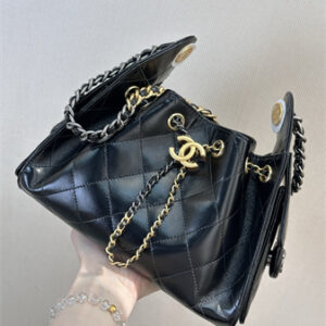 Chanel 25 Mini Handbag Shinny Smooth Calfskin Gold/Silver Tone Black AS5631 Top