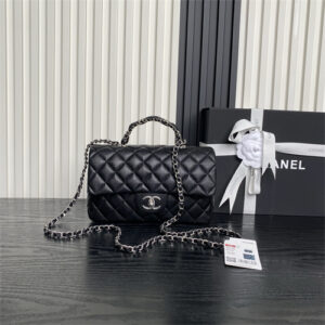 Chanel Small Flap Bag With Top Handle Grained Shiny Calfskin & Silver-Tone Metal Black AS5702
