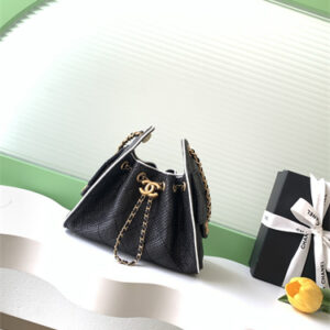 Chanel 25 Mini Handbag Braided Raffia& Calfskin Gold Tone Metal Black/White AS5631