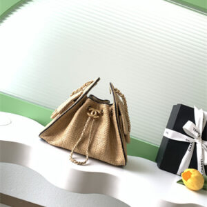 Chanel 25 Mini Handbag Braided Raffia& Calfskin Gold Tone Metal Beige/Black AS5631