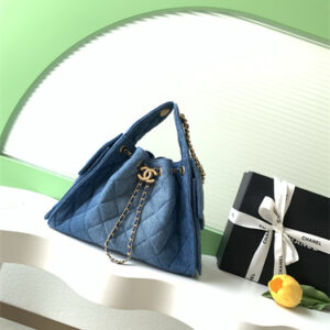 Chanel 25 Small Handbag Blue Dk Denim Gold Tone Metal AS5293