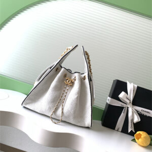 Chanel 25 Small Handbag Braided Raffia& Calfskin Gold Tone Metal White/Black AS5293