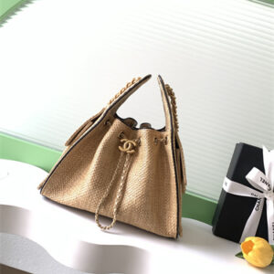 Chanel 25 Small Handbag Braided Raffia& Calfskin Gold Tone Metal Beige/Black AS5293