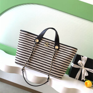 Chanel Deauville Tote Bag Stripped Canvas &Leather  Gold Tone Metal Black AS6007