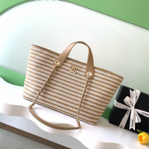 Chanel Deauville Tote Bag Stripped Canvas &Leather Gold Tone Metal Beige AS6007