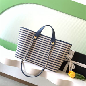 Chanel Deauville Tote Bag Stripped Canvas &Leather Gold Tone Metal Navy AS6007