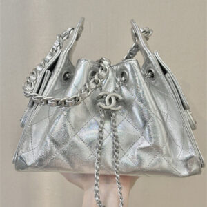 Chanel 25 Mini Handbag Grained Calfskin Silver Tone Metal Silver AS5631 Top