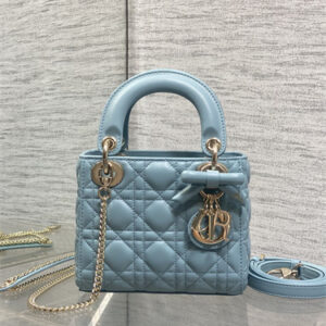 CD Mini Lady Dior Bag Cannage Lambskin With Bow Gold Tone Metal Blue