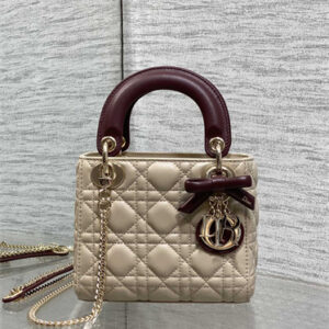 CD Mini Lady Dior Bag Cannage Lambskin With Bow Gold Tone Metal Beige/Burgundy