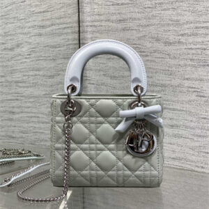 CD Mini Lady Dior Bag Cannage Lambskin With Bow Silver Tone Metal Grey/Blue