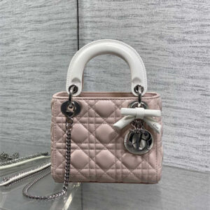 CD Mini Lady Dior Bag Cannage Lambskin With Bow Silver Tone Metal Pink/White