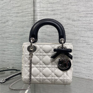 CD Mini Lady Dior Bag Cannage Lambskin With Bow Silver Tone Metal White/Black