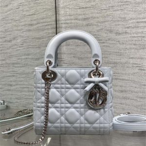 CD Mini Lady Dior Bag Cannage Lambskin With Bow Silver Tone Metal Glacier Blue