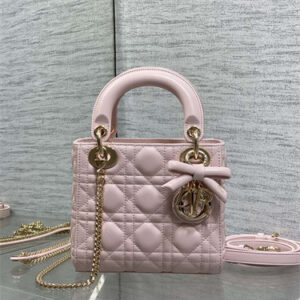 CD Mini Lady Dior Bag Cannage Lambskin With Bow Gold Tone Metal Soft Pink