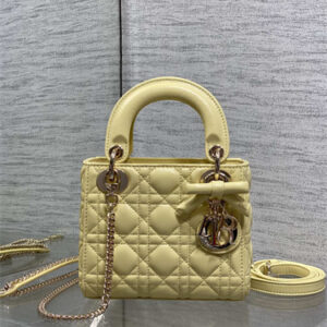 CD Mini Lady Dior Bag Cannage Lambskin With Bow Gold Tone Metal Yellow