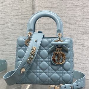 CD Small Lady Dior My ABC Dior Bag With Bow Cannage Lambskin Gold Tone Metal Blue