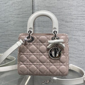 CD Small Lady Dior Bag With Bow Cannage Lambskin Silver Tone Metal Pink/White