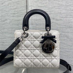 CD Small Lady Dior Bag With Bow Cannage Lambskin Silver Tone Metal White/Black