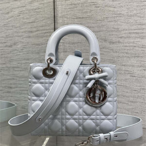 CD Small Lady Dior My ABC Dior Bag With Bow Cannage Lambskin Silver Tone Metal Glacier Blue