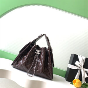 Chanel 25 Small Handbag Shinny Smooth Calfskin Silver Tone Metal Dk Brown AS5293