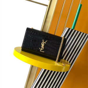 Y.S.L KATE MEDIUM IN CROCODILE EMBOSSED Leather Gold Tone Metal Black Color