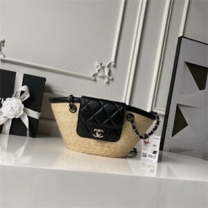 Chanel Small Tote Braided Straw, Lambskin & Gold-Tone Metal Beige & Black AS5951
