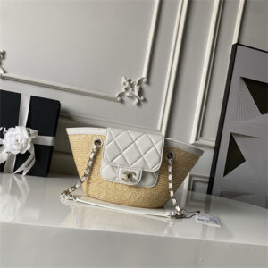 Chanel Small Tote Braided Straw, Lambskin & Gold-Tone Metal Beige & White AS5951