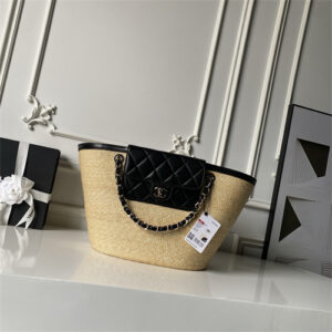 Chanel Large Tote Braided Straw, Lambskin & Gold-Tone Metal Beige & Black AS5952
