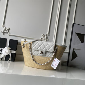 Chanel Large Tote Braided Straw, Lambskin & Gold-Tone Metal Beige & White AS5952