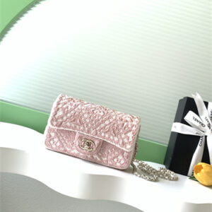 Chanel Flap Bag Hand Crochet Tweed & Gold Tone Metal Pink&White AS4561