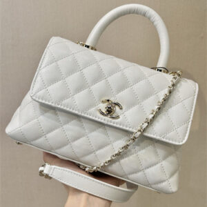 Chanel Small Coco Handle Bag Grained Calfskin Lt Gold Metal White A92990 TOP