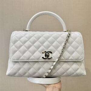 Chanel Large Coco Handle Bag Grained Calfskin Lt Gold Metal White A92991 TOP