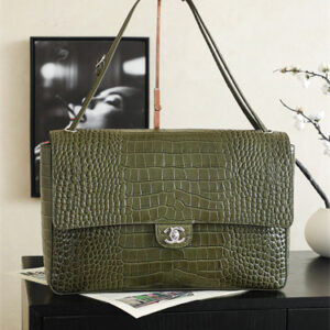 Chanel Maxi Flap Bag Large Embossed Crocodile & Gold/Silver Tone Metal Green AS6233