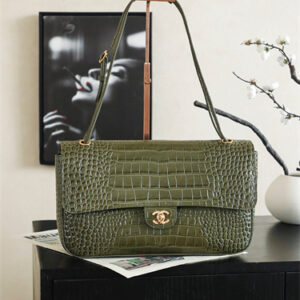 Chanel Maxi Flap Bag Medium Embossed Crocodile & Gold/Silver Tone Metal Green AS6231
