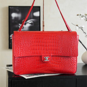 Chanel Maxi Flap Bag Large Embossed Crocodile & Gold/Silver Tone Metal Red AS6233