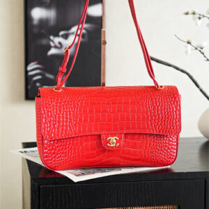 Chanel Maxi Flap Bag Medium Embossed Crocodile & Gold/Silver Tone Metal Red AS6231