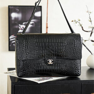 Chanel Maxi Flap Bag Large Embossed Crocodile & Gold/Silver Tone Metal Black AS6233