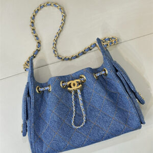 Chanel 25 Mini Handbag Blue Denim Gold Tone Metal AS5631 Top