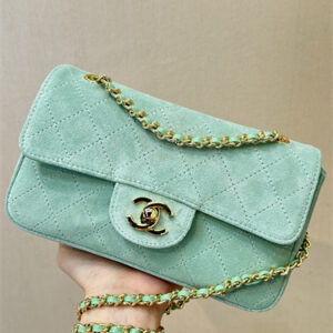 Chanel Mini Flap Bag Suede Calfskin & Gold Tone Metal Mint Green AS6626 TOP